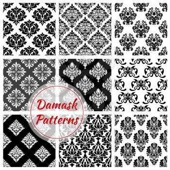 Damask flowery pattern set of ornate baroque seamless vector floral embellishment motif and flourish ornamental tracery. Luxury royal flowers adornment backdrop tiles for interior design