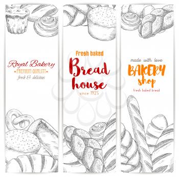 Bread sketch banners. Bakery vector bread sorts wheat bagel, white wheat toast bread, rye loaf brick or loaf, sweet sesame roll bun and croissant, braided bread and cupcake, fresh baked pretzel and cr
