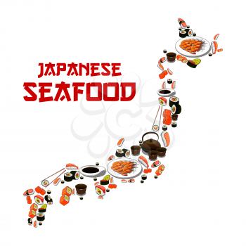 Japanese seafood in shape of Japan map. Vector Sushi, sashimi and seafood dish. Oriental cuisine restaurant food of grilled shrimps, steamed rice with salmon caviar or tuna fish, noodle seaweed miso s