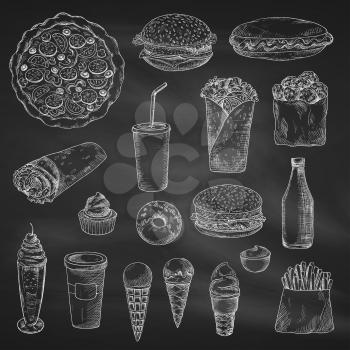 Fast Food sketch isolated icons. Vector chalked snacks and drinks on blackboard hamburger or cheeseburger sandwich and french fries, burrito or kebab doner burger. Junk food hot dog, ice cream, pizza 