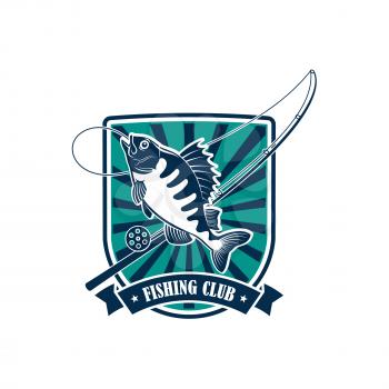 Fishing icon. Fisherman or fisher sport adventure club round badge or emblem with vector symbols of fishing rod with hook and float, river perch, ruff or carp fish with blue ribbon design