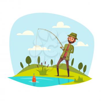 Man catching and pulling fish out of lake or river water with rod. Fisherman sport recreation leisure or nature weekend adventure. Fish hanging on fish-rod hook. Vector happy man with catch