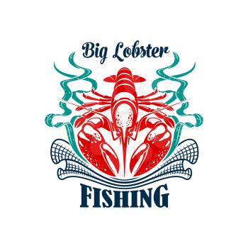 Fishing icon of big ocean lobster with fisherman fishing net or fishnet seine and seaweed. Fishery industry emblem or badge for recreation sport fishing or fish food company