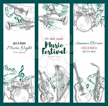 Banners with musical instruments. Vector sketch design for jazz music festival. Vertical set of sax or saxophone and clef note stave, harp and trumpet, maracas and drums kit, acoustic guitar and piano