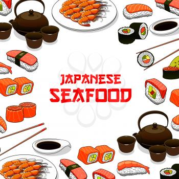 Sushi restaurant vector poster with Japanese seafood sushi, sashimi and seafood dish. Oriental Japan cuisine restaurant food of steamed rice with salmon caviar or tuna fish, grilled shrimps, noodle se