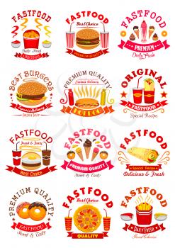 Fast Food emblems set of chicken nuggets, cheeseburger burger and pizza, gyros burrito or doner kebab, french fries and hot dog sandwich hamburger, ice cream and donut, soda or coffee. Vector isolated