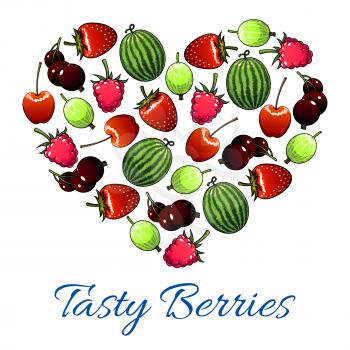 Berries and fruits poster in heart shape. Vector fresh garden strawberry, cherry, forest raspberry, black currant or redcurrant, juicy gooseberry and sweet watermelon. Ripe farm berries harvest
