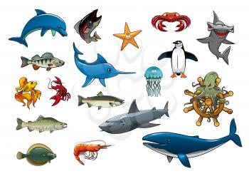 Fish and sea animals creatures of cartoon dolphin, tuna, star fish, lobster crab and shrimp, hammerhead shark, marlin or swordfish, jellyfish, penguin, trout and salmon, flounder, octopus on ship helm