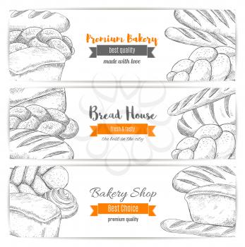 Bakery banners set. Bread sketch of wheat bagel, white wheat toast bread, rye loaf brick or loaf, sweet sesame roll bun and croissant, braided bread and fresh baked pretzel. Vector horizontal design f