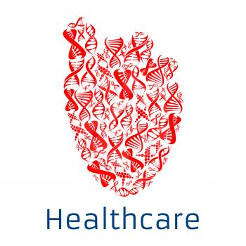 Heart shape symbol combined of human DNA helix. Healthcare poster with red human heart with spiral gene cell design for cardiology healthcare, health clinic or hospital, genetics and microbiology rese