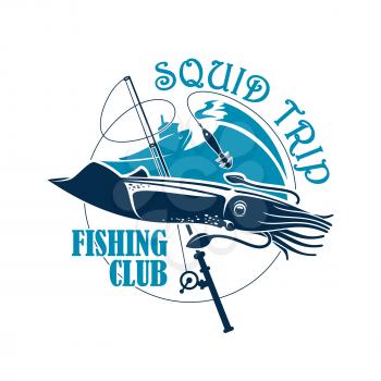 Sea or ocean fishing icon. Squid fisherman or fisher trip sport or adventure club badge or emblem with vector symbols of cuttlefish, fishing rod with hook and float, fishery boat or ship and blue wave