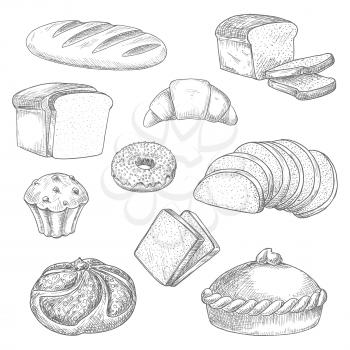 Bread sketch vector isolated icons of wheat bread loaf, rye brick or bagel, crunch pie or cake, sweet croissant, chocolate muffin and glazed donut or cupcake dessert, sliced wheat bread toasts. Design