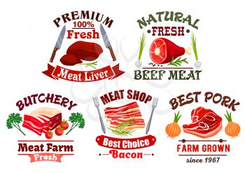 Fresh meat icons. Butchery or butcher shop isolated vector emblems with liver, tenderloin ham or sirloin jamon, smoked bacon and salty lard, T-bone beefsteak or filet chop steak. Farm grown pork, beef