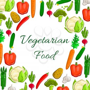 Veggies, greens and vegetables poster. Vegetarian food harvest of vector cauliflower and broccoli, tomato and potato, asparagus, onion and leek, carrot and cucumber. Fresh ripe bell and chili pepper, 