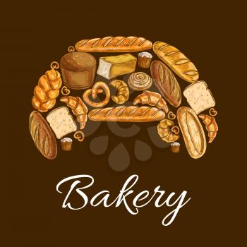 Croissant with bread and bun bakery poster. Baguette, wheat and rye bread, croissant, bun, cupcake, cinnamon roll, braided bun, toast, ciabatta, long loaf and pretzel. Bakery shop design
