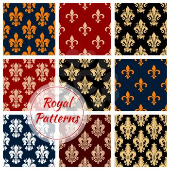 Floral fleur-de-lis royal ornament patterns set. Vector flourish seamless tile of flowery ornate baroque tracery. French heraldic lily embellishment motif of luxury imperial ornamental flowers adornme