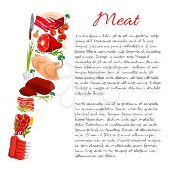 Poster on meat products and nutrition facts. Information or recipe vector page with meaty products beef filet tenderloin or sirloin, pork bacon or lard, turkey or chicken legs, liver, mutton ribs and 