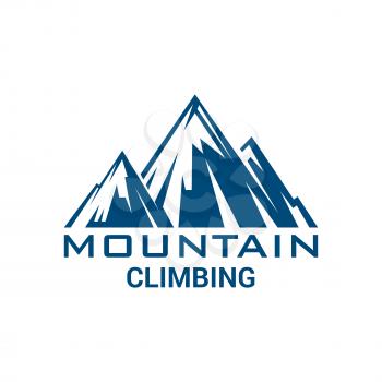 Mountain climbing badge or vector emblem. Isolated icon with blue mountains for climb sport adventure, mountaineering trip adventure, winter nature tourist camping, skiing or snowboarding outdoors spo