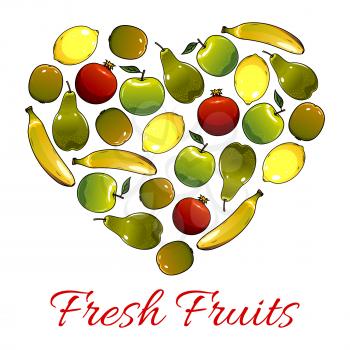 Fruit poster in heart shape of farm and garden ripe fruits apple and pear, juicy citrus lemon and pomegranate, exotic kiwi and tropical sweet banana. Vector fresh organic fruit harvest design for stor