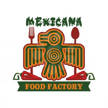 Mexican restaurant emblem. Mexicana icon of vector isolated symbol of Aztec or Inca totem bird, red chili spicy jalapeno pepper, spoon and fork for traditional mexican cuisine, fast food tacos or burr
