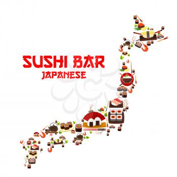 Japanese seafood or sushi bar in shape of Japan map. Vector sashimi tempura and sea food fish, grilled shrimps, steamed rice and salmon caviar or tuna fish, noodle seaweed miso soup, wasabi, soy sauce