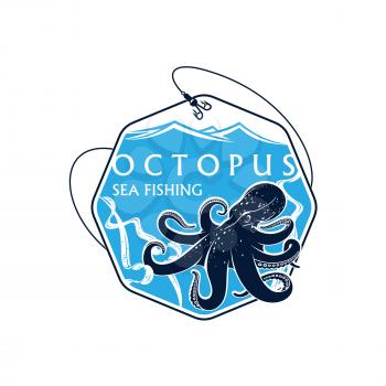 Sea or ocean seafood fishing icon with octopus and seaweed alga. Vector octagonal badge with fish rod, catch on bait hooks and blue waves. Emblem for fishery industry or company, fisherman or fisher t