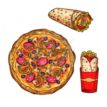Fast food sketch icons. Vector isolated pizza margherita or capricciosa with salami pepperoni, olives and champignons, mexican meaty burrito tortilla wrap and doner kebab or gyros for fastfood restaur