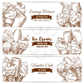 Ice cream sketch of sweet fruity ice cream desserts soft ice cream in wafer cone, glazed eskimo with whipped cream and fruit ice, chocolate sundae and fresh vanilla scoops in glass bowl. Vector horizo