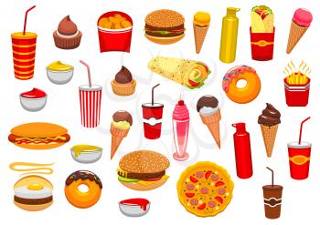 Fast Food snacks icons of cheeseburger burger and pizza, french fries and hot dog sandwich hamburger, gyros burrito or doner kebab, chicken nuggets, ice cream and donut, soda or coffee. Fastfood and s
