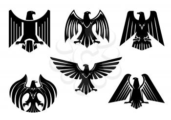 Black heraldic eagle icons set or vulture bird isolated emblem. Royal imperial of gothic predatory griffin badge. Vector blazon or coat of arms with hawk or falcon symbol of power with spread wings, s