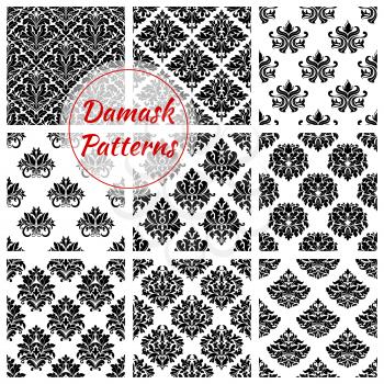 Flowery and floral Damask pattern tiles of seamless flourish ornate tracery and royal luxury ornamental flower and baroque ornament or backdrops of motif adornment and embellishment. Vector design for
