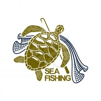 Sea or ocean fishing icon with green turtle and fish net snare and harpoon spear or gaff. Vector or emblem for fishery industry or company, fisherman or fisher trip sport or adventure club