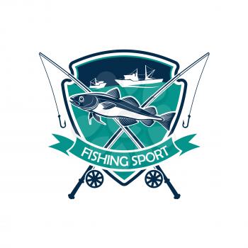 Fishing icon. Fishery sport club or industry badge for fisher trip. Vector isolated emblem or sign with fishing rod with hook, fishing net, and fisherman ship boat vessel in sea or ocean, humpback sal