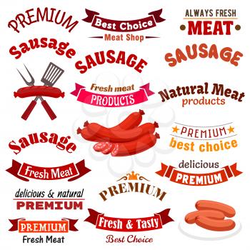 Butchery meat natural products and sausages vector icons, emblems and ribbons. Farm fresh meaty sausage and kielbasa delicatessen, smoked bratwurst, salami or pepperoni, chorizo, saucisson and cabanos