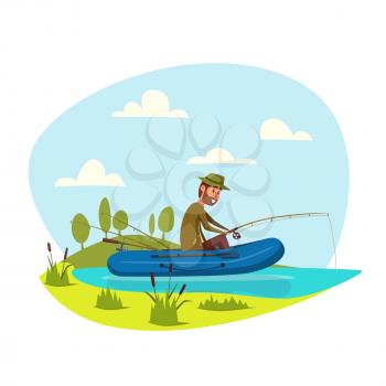 Man in inflatable boat fishing on lake or river with fish rod. Fisherman sport outdoor recreation leisure or nature weekend adventure. Vector happy fisher man with beard waiting for nibble and catch