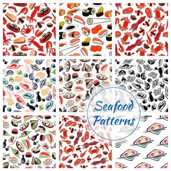 Seafood patterns set of vector seamless sushi rolls and sashimi, steamed rice and salmon caviar or tuna with squid and noodle seaweed miso soup, shrimp or fish tempura food, wasabi, soy sauce and chop