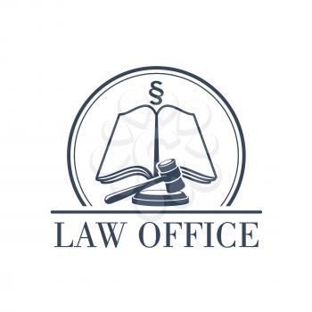 Legal office or center icon with symbol of judge gavel, justice law code, silcrow section sign or paragraph on open book. Lawyer or advocate emblem for attorney or advocacy and juridical counsel or no