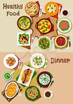 Salad and snack food dishes for dinner icon set of vegetable salad with pork, salmon, beef, shrimp and ham, cheese and vegetable pasta, chicken liver, mushroom rice, cucumber and yogurt soup, omelette