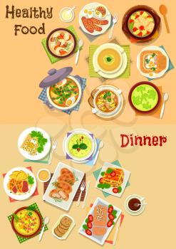 Healthy food for lunch icon set of soup with meat, fish, potato, onion, broccoli, oat and rye with egg, bacon and sausage, lasagna, pancake, chicken in potato batter, beef chop with cheese, pate