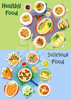 Nutritious dinner icon set of vegetable casserole with meat, cheese and sausage, grilled seafood, fried fish with veggies salad, pasta with liver, pumpkin lasagna, cheese roll, fish soup, liver toast