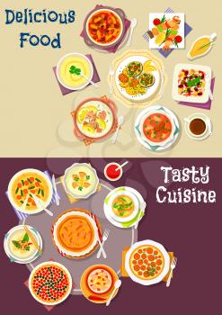 Salad, soup and pastry dishes icon set of cream soup with fish, meat, shrimp and vegetables, bean beef stew, cheese cake, vegetable meat and salmon pie, grilled seafood, berry pie, bean salad