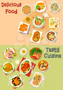 Fish and meat dish with asian soup and pastry icon set of meat and fish baked in sauce with vegetables, asian soup with rice, noodle, shrimp, tofu and beef, meat and cheese pie, sausage snack on stick