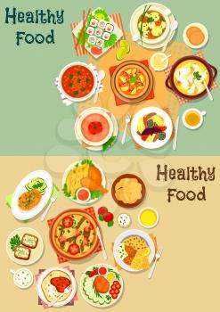 Popular lunch food icon set with sushi roll, pizza, chicken leg with fries, grilled meat with vegetables, lamb stew, soups with chicken, fish, meatball, tomato and lentil, potato chip, cheese sandwich