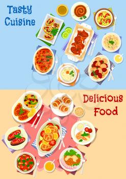 Vegetable and meat dishes icon set of meat baked with vegetable, bean and rice, potato dishes with meat, veggies, mushroom and cheese, egg salad with sausage and squid, veggies stew, chicken lasagna