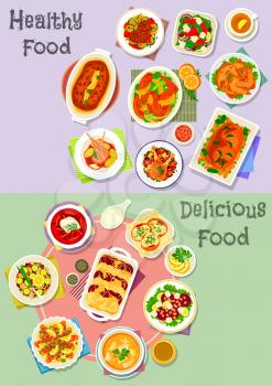 Hearty dishes icon set with vegetable, fruit salad with cheese, fish and nut, fish cupcake, baked chicken, beef, pork meatloaf with veggies and fruit sauce, fish in bacon with pasta, fish soup