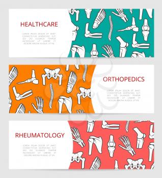 Medical banner template set for orthopedic surgery, rheumatology clinic and rehabilitation health center design with human skeleton leg, hand, foot, spine, shoulder, elbow and pelvis bones and joints
