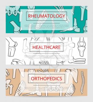 Healthcare, orthopedics and rheumatology banner template with bones and joints. Hand, foot, spine, knee, elbow, pelvis, shoulder signs with text layout for hospital, clinic or diagnostic center design