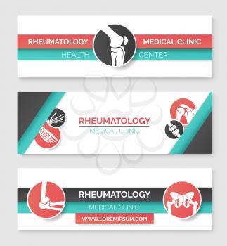 Medical clinic and health center banner template set. Round badges with human skeleton leg, hand, foot, knee, pelvis, shoulder bones and joints for rheumatology medicine and healthcare design