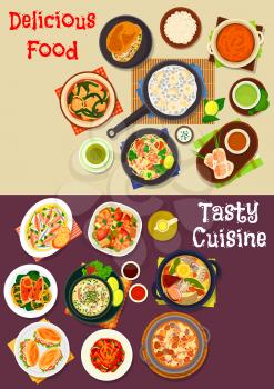 Seafood dishes icon set of fish, beef and spinach soups, seafood rice, spring roll, shrimp noodle and salad, rice pancake, vegetable stew with tuna, fish sandwich, pumpkin curry, fried fish with lemon