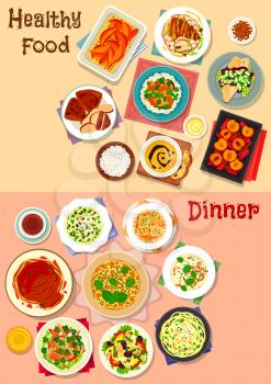 Healthy dinner dishes icon set of pasta with meat, vegetable, cheese and nuts, potato and chicken soups, tuna salad with veggies and egg, chicken tortilla, fried fish, pumpkin omelette, fruit dessert